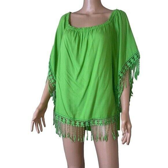 Sunny Leigh SZ LP bright green tasseled trim light weight top blouse - Picture 3 of 9